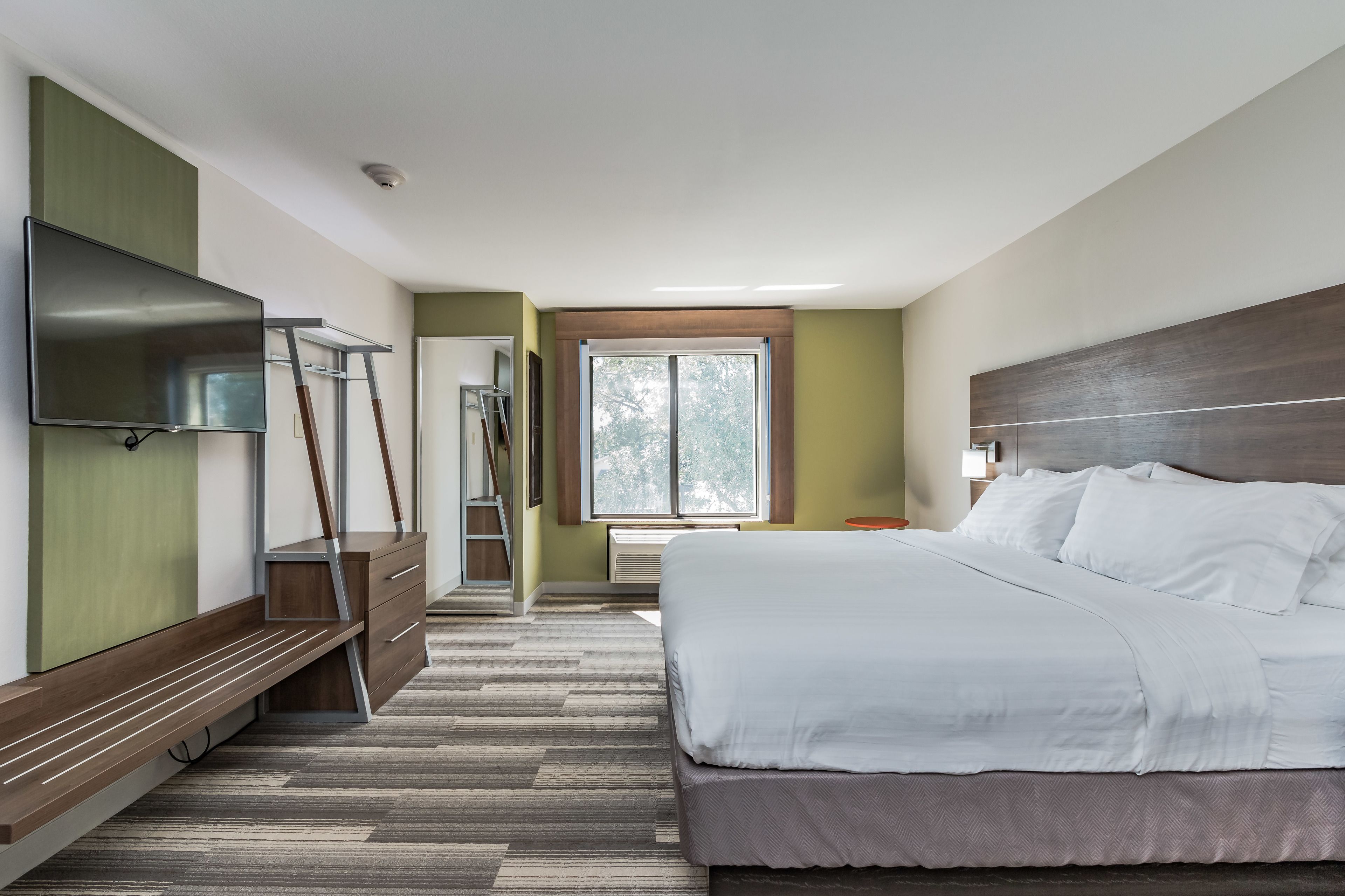 Een moderne hotelkamer met een groot bed, een flatscreen televisie, een bureau met stoel, en een raam met uitzicht op bomen.