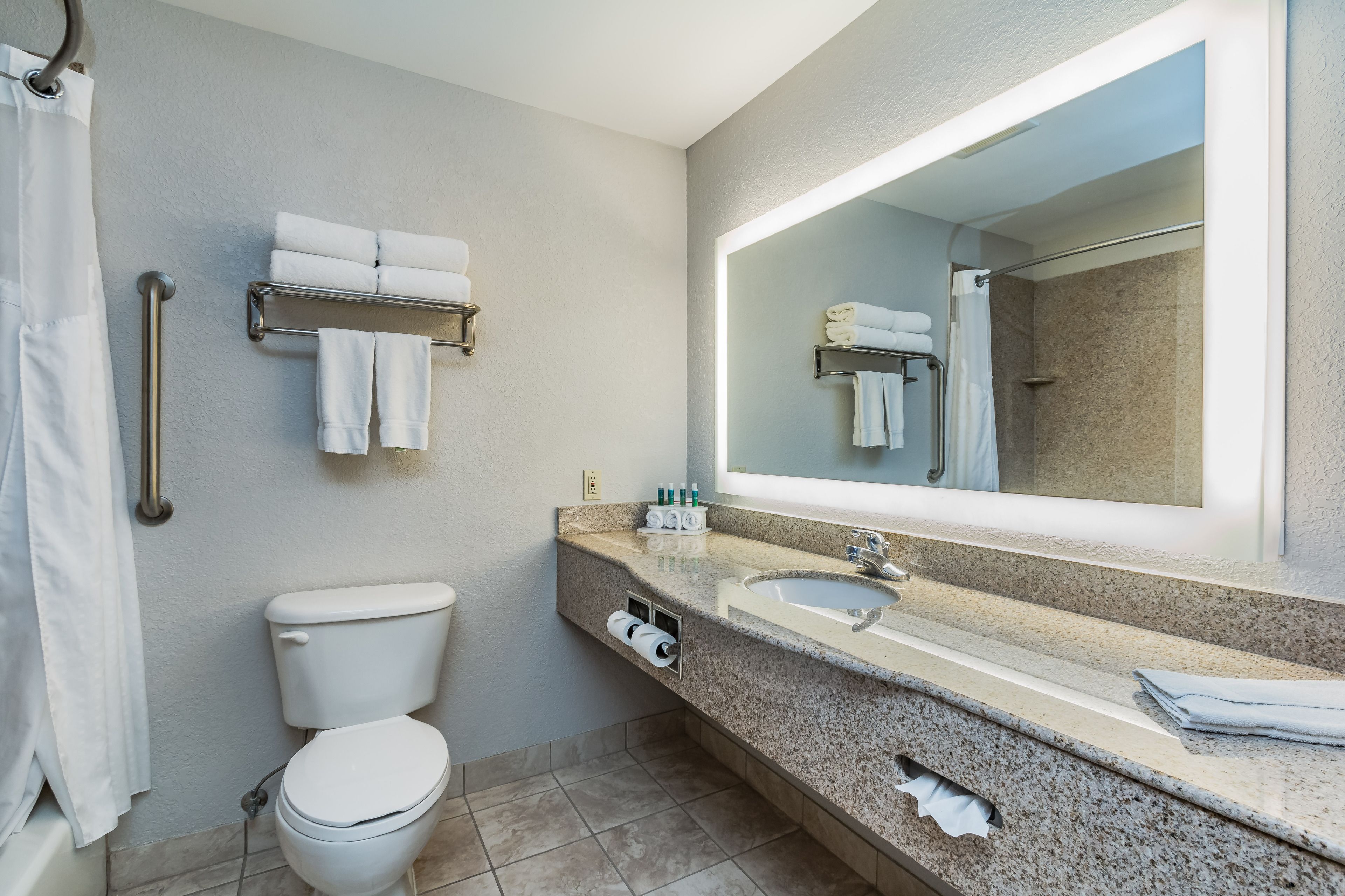 combined shower/bathtub, free toiletries, hair dryer, towels