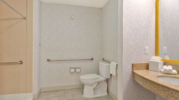 A bathroom with a white toilet, a shower area with a grab bar, and a vanity with a mirror and towel.