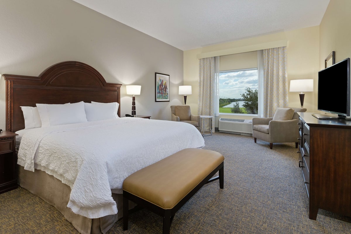 A hotel room with a large bed, a bench, a desk with a TV, a chair, and a window with a view.