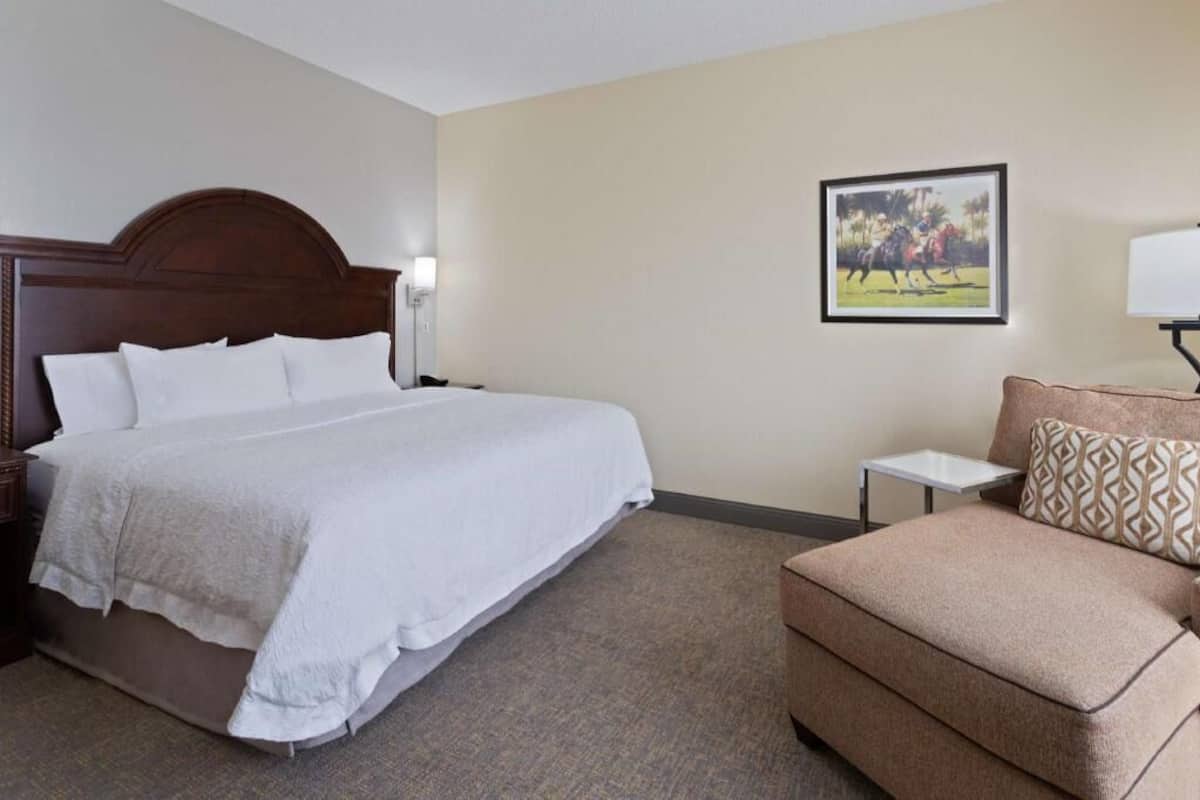 A hotel room with a large bed, a small sofa, a nightstand, a lamp, and a framed picture on the wall.