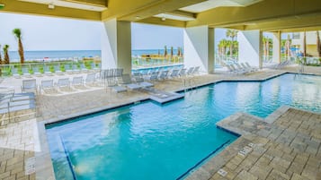 Indoor pool, seasonal outdoor pool, pool loungers