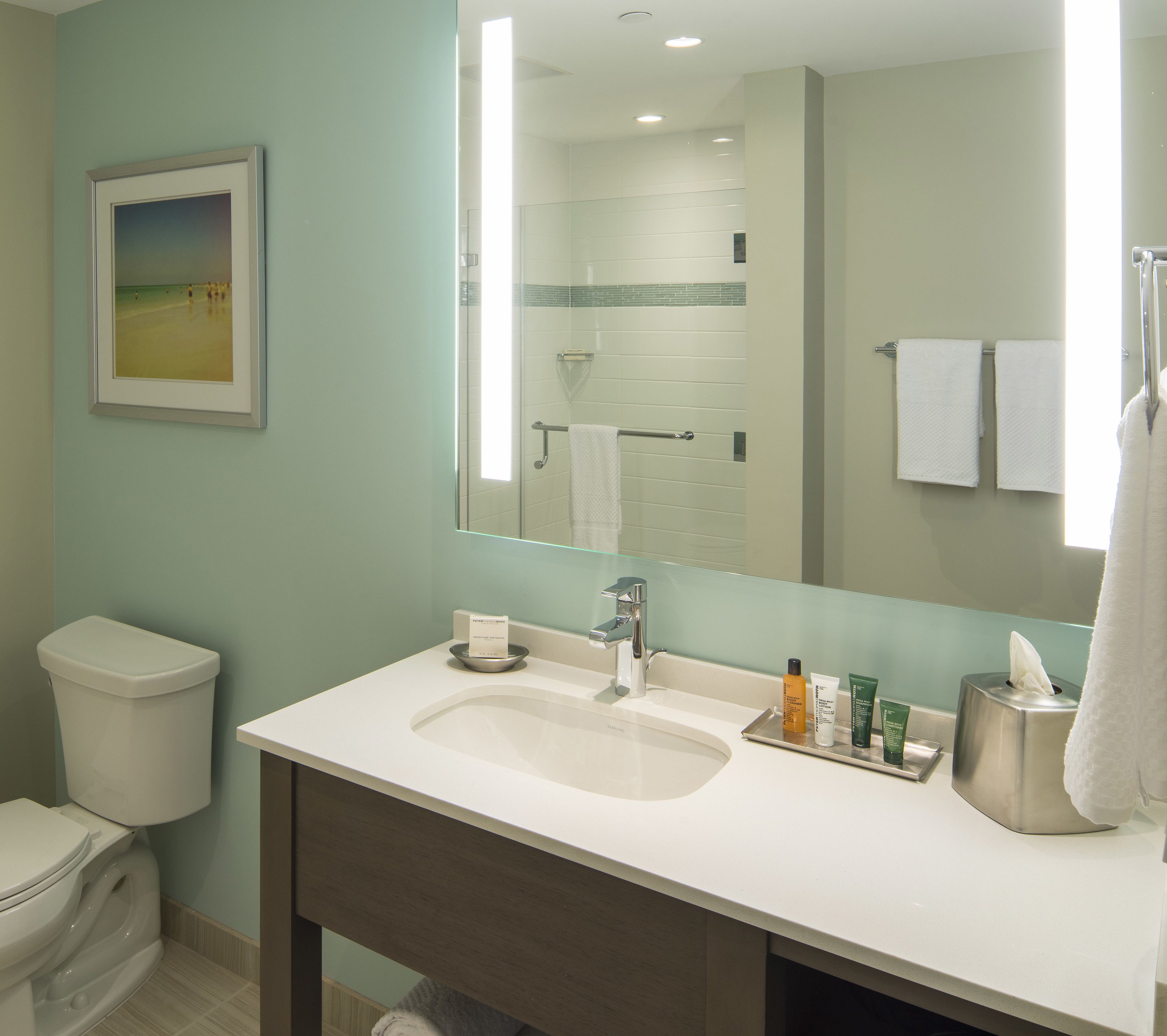 A bathroom with a toilet, sink, and mirror.