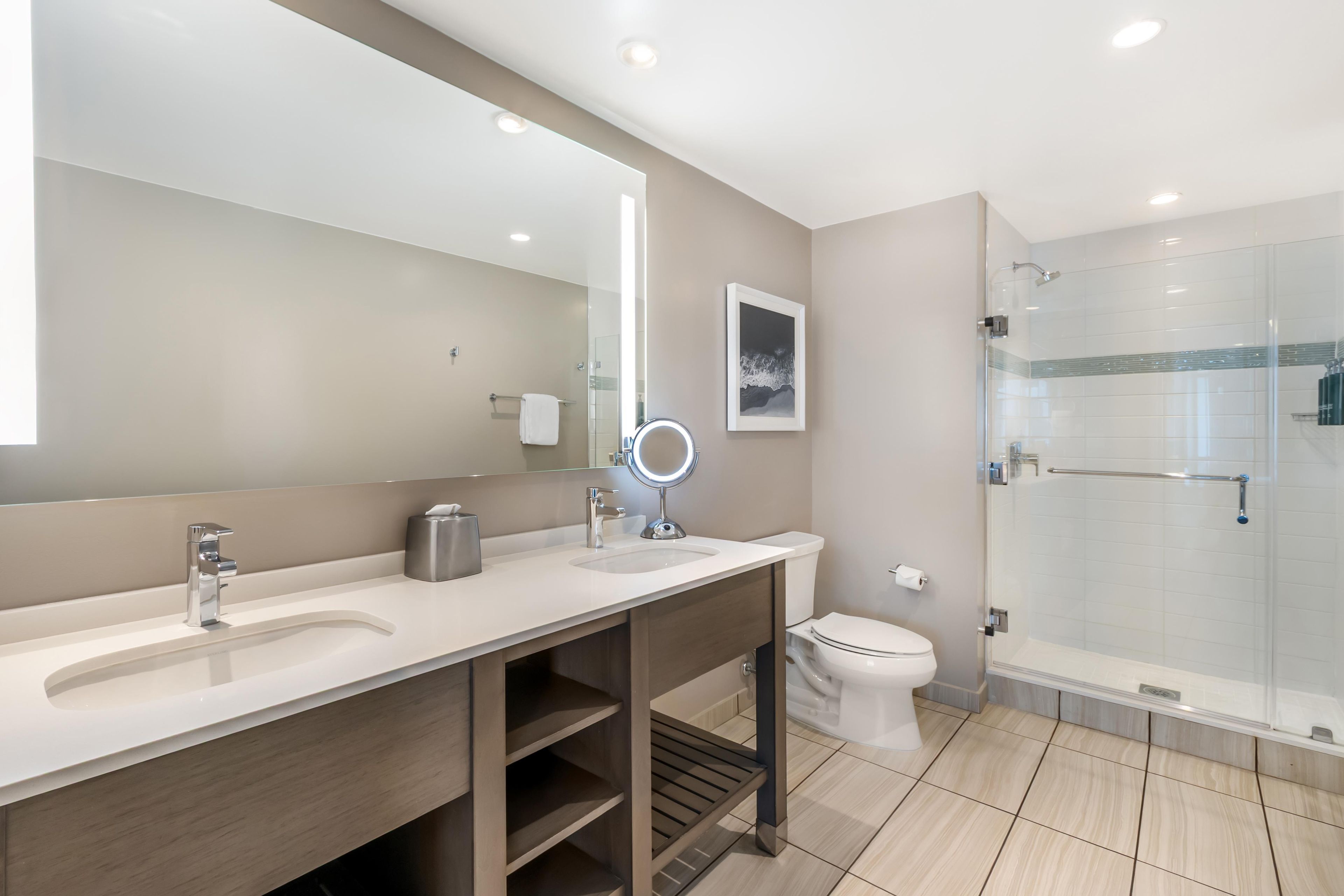 A modern bathroom with a large mirror, two sinks, a toilet, and a glass-enclosed shower.