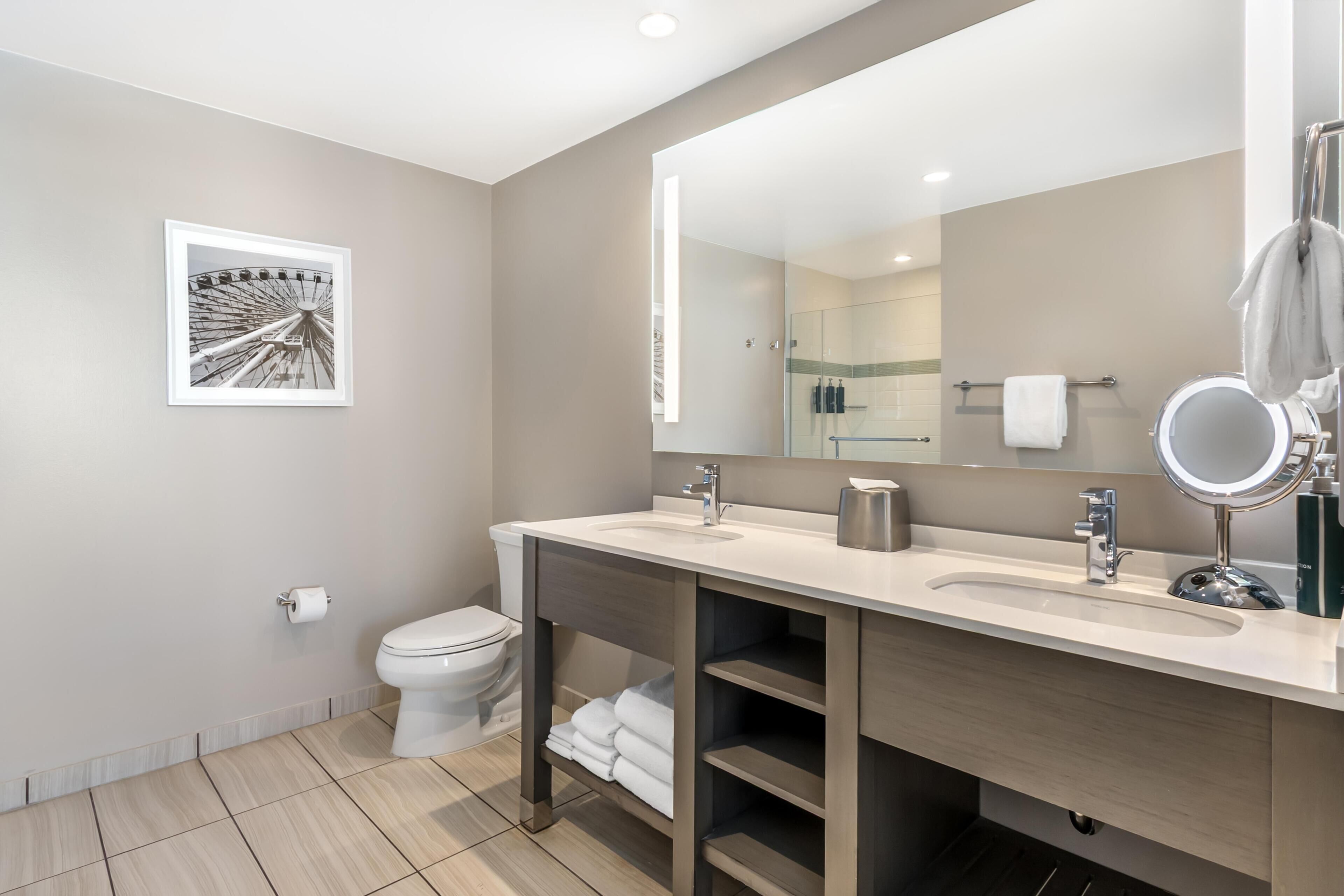 Une salle de bain moderne avec un grand miroir, des toilettes, un lavabo et un tableau encadré au mur.