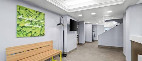 Un interior moderno con un banco de madera, un cuadro de hojas verdes y una lámpara de pie negra, además de una escalera.
