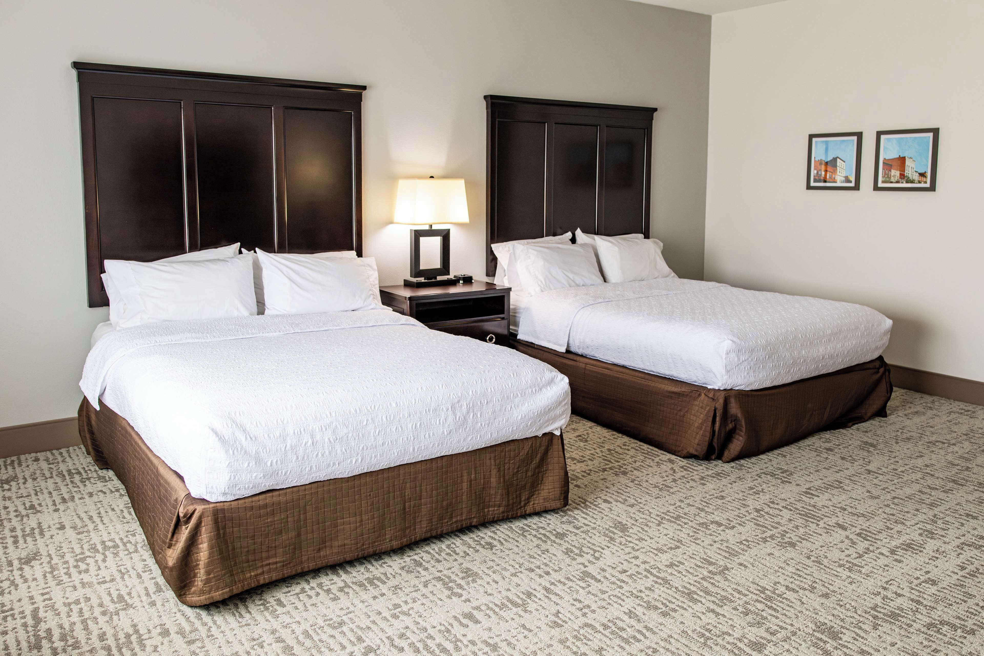 A hotel room with two beds, a nightstand with a lamp, and a carpeted floor.