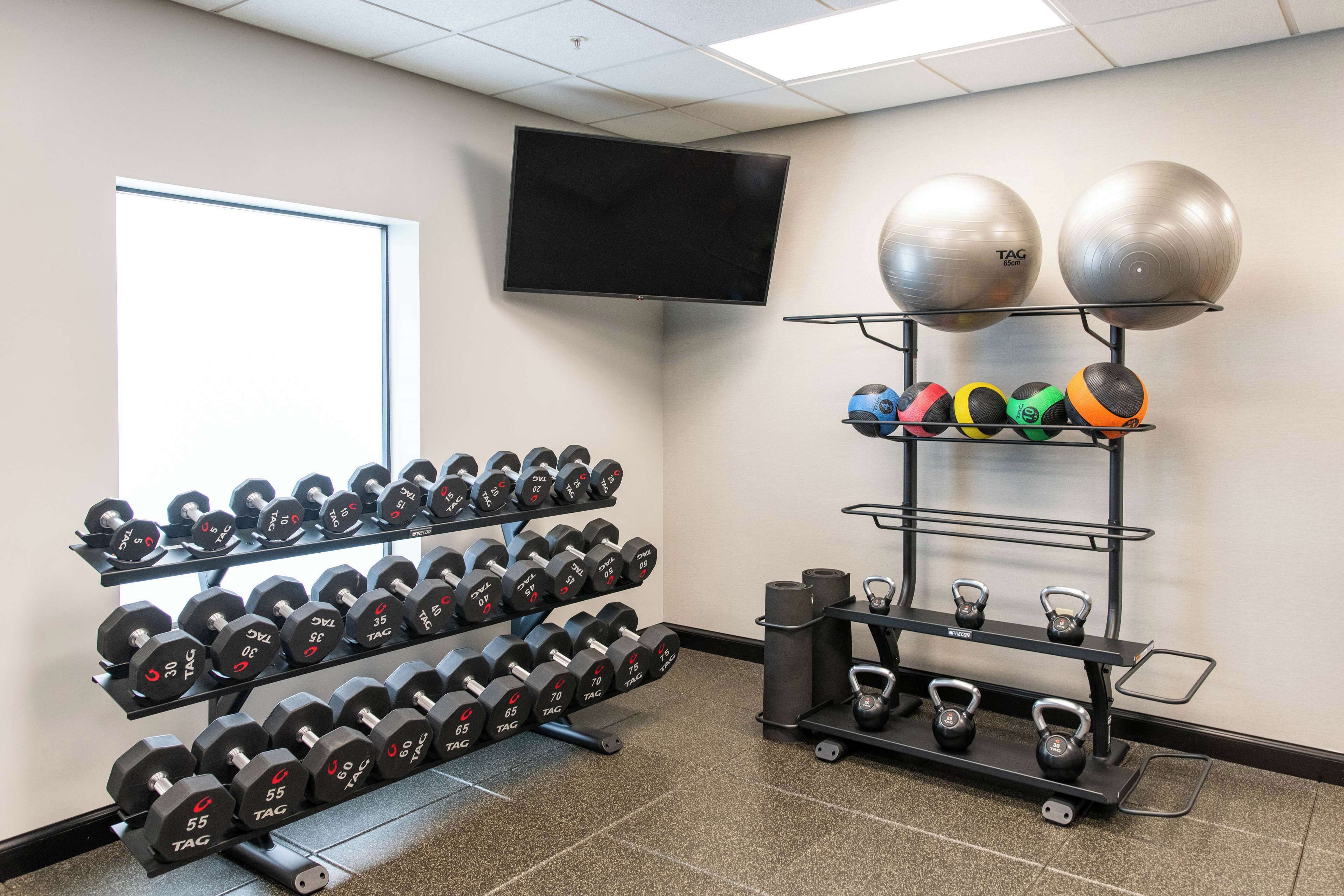 A gym with multiple dumbbells, kettlebells, and exercise balls.