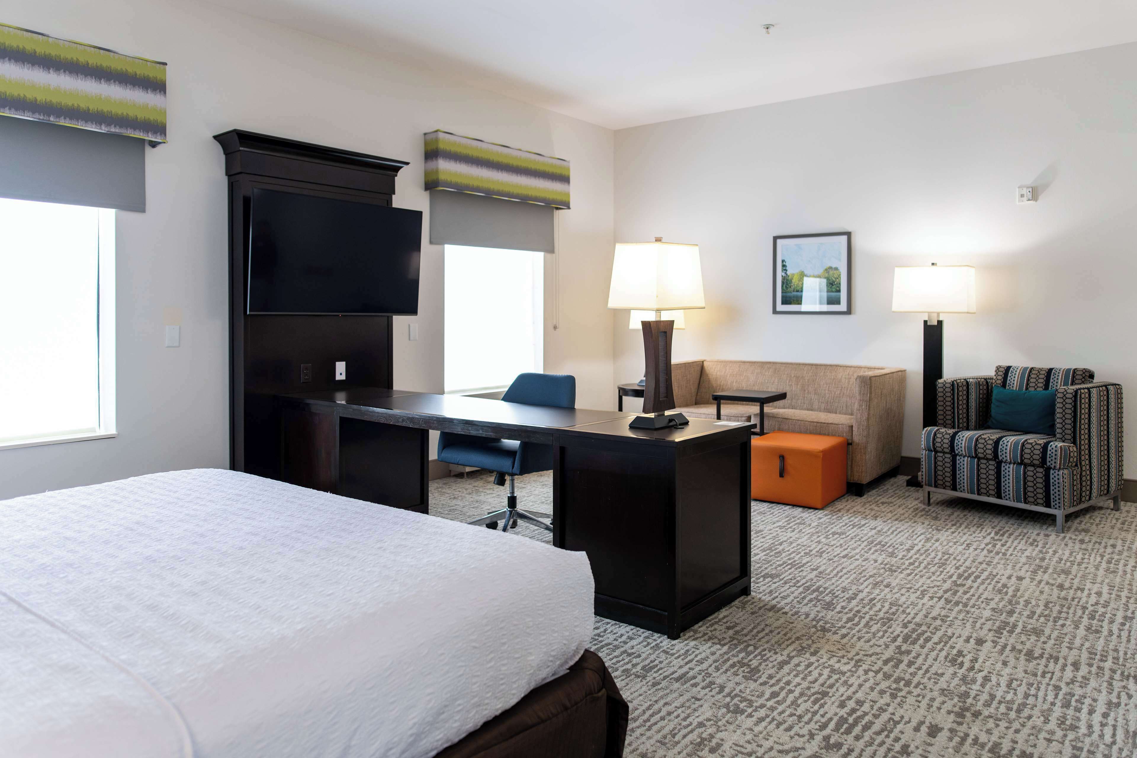 Habitación de hotel con cama, escritorio, televisor, dos lámparas, sofá y sillón estampado.