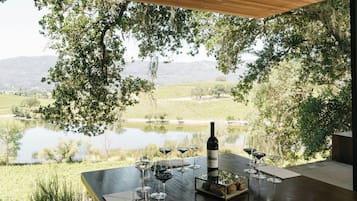 Zona pranzo all'aperto con vista su un vigneto e un lago.