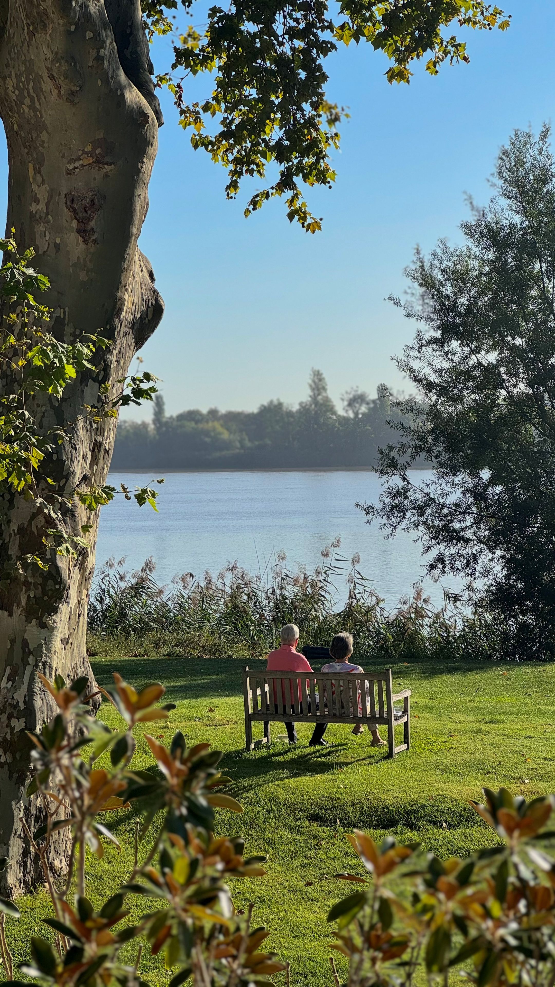 Eine Bank mit zwei sitzenden Personen, die auf ruhiges Wasser mit Blick auf Bäume und Gras blickt.