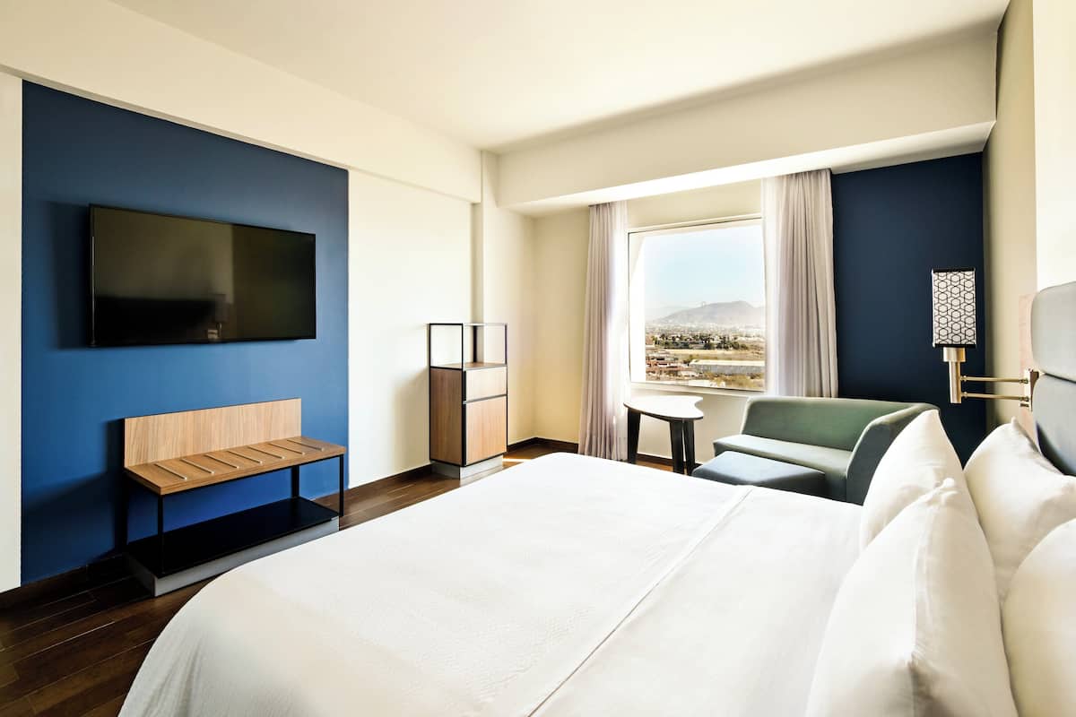 Une chambre d’hôtel avec un lit, un téléviseur fixé au mur, un bureau, une chaise et une vue sur le paysage urbain par la fenêtre.