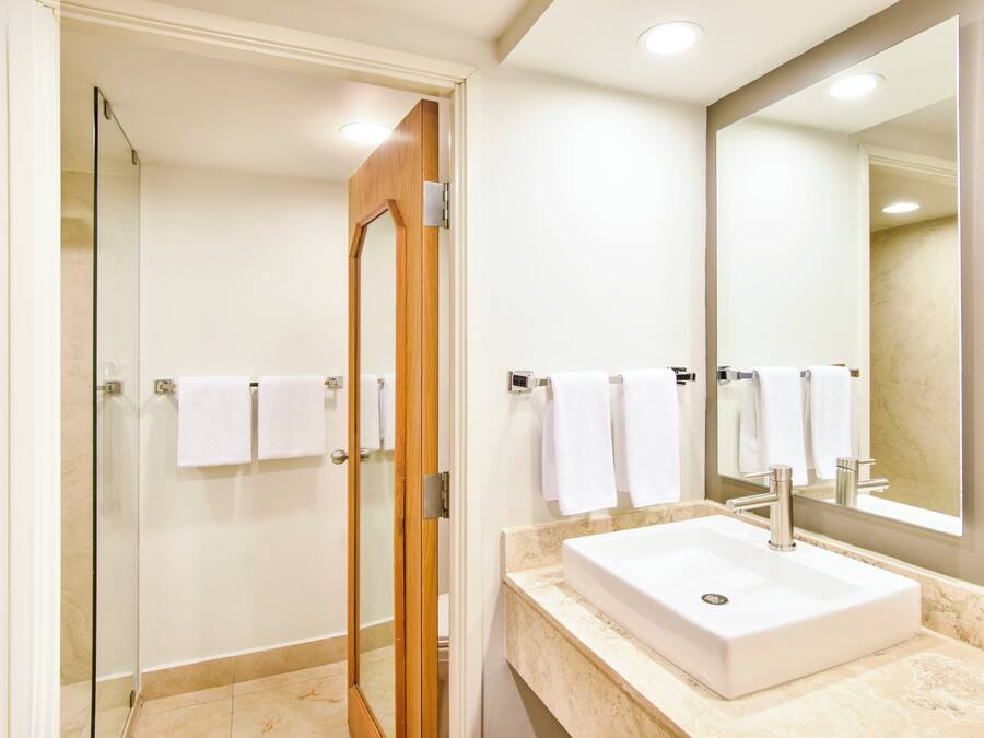 A modern bathroom with a glass shower enclosure, a white sink, and a large mirror.