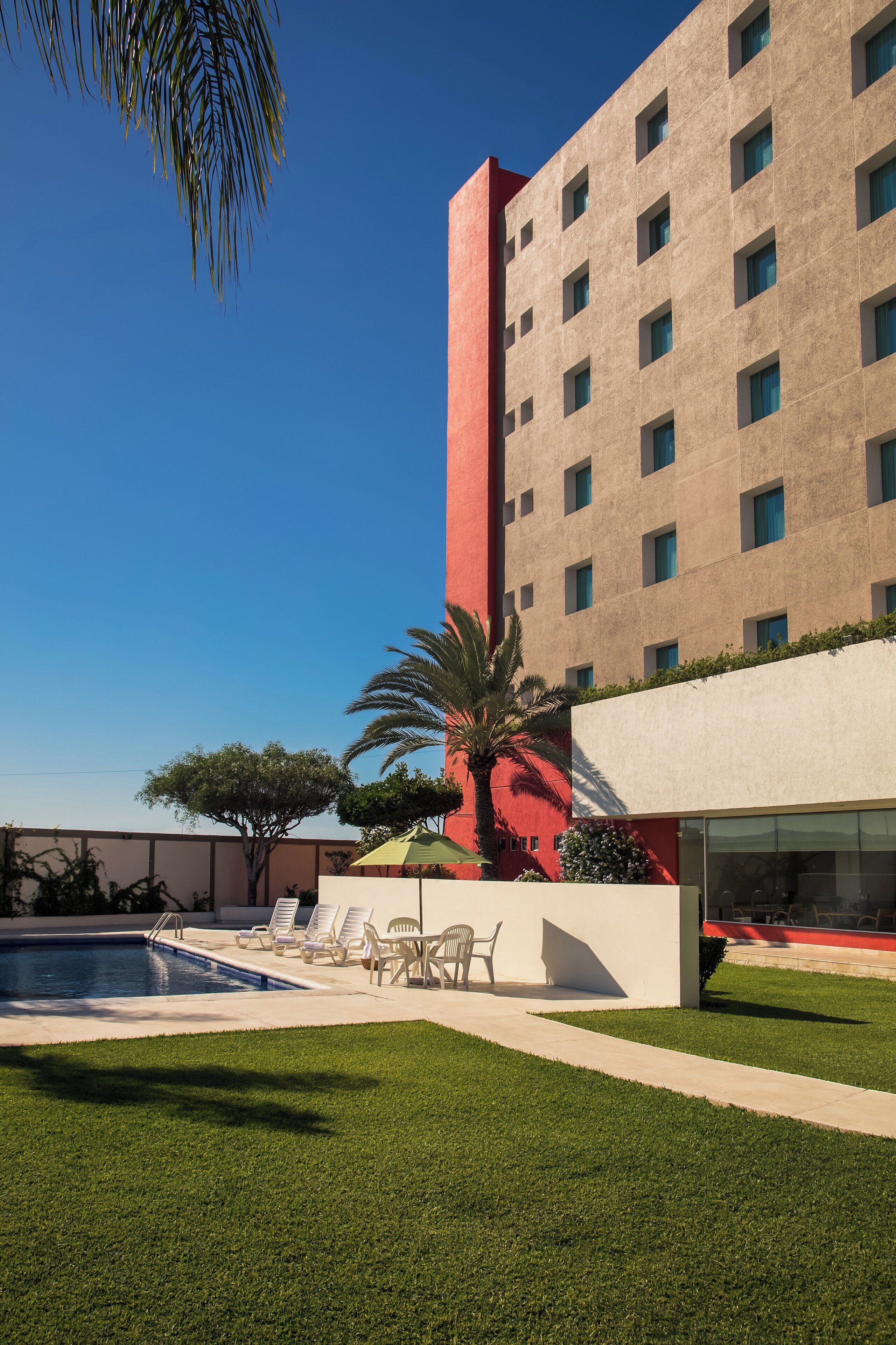 A modern building with a swimming pool, outdoor seating, and a palm tree.