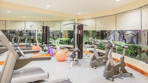 A modern gym with various exercise equipment, large windows, and a view of greenery. - Fiesta Inn Tijuana Otay (Tijuana)