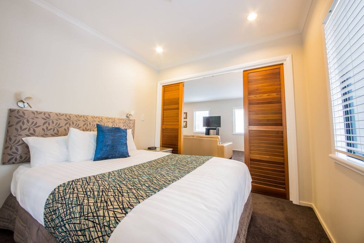 Habitación de hotel con una cama grande, cabecera de madera, televisor y armario con puerta corredera.