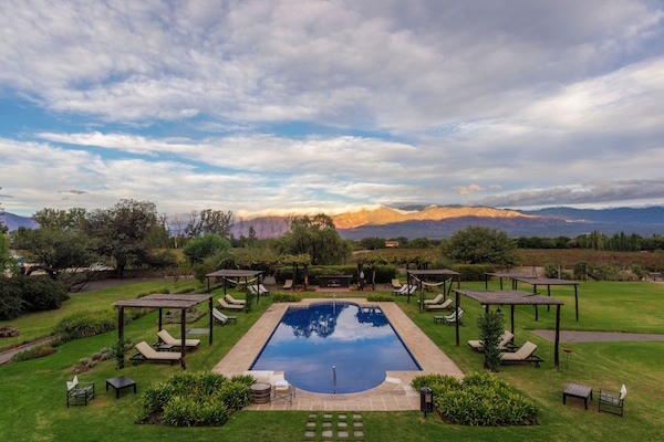 Hồ bơi ngoài trời, dù/ô trên bãi biển/hồ bơi, ghế dài tắm nắng