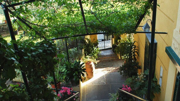 A covered outdoor staircase with potted plants and a metal railing.
