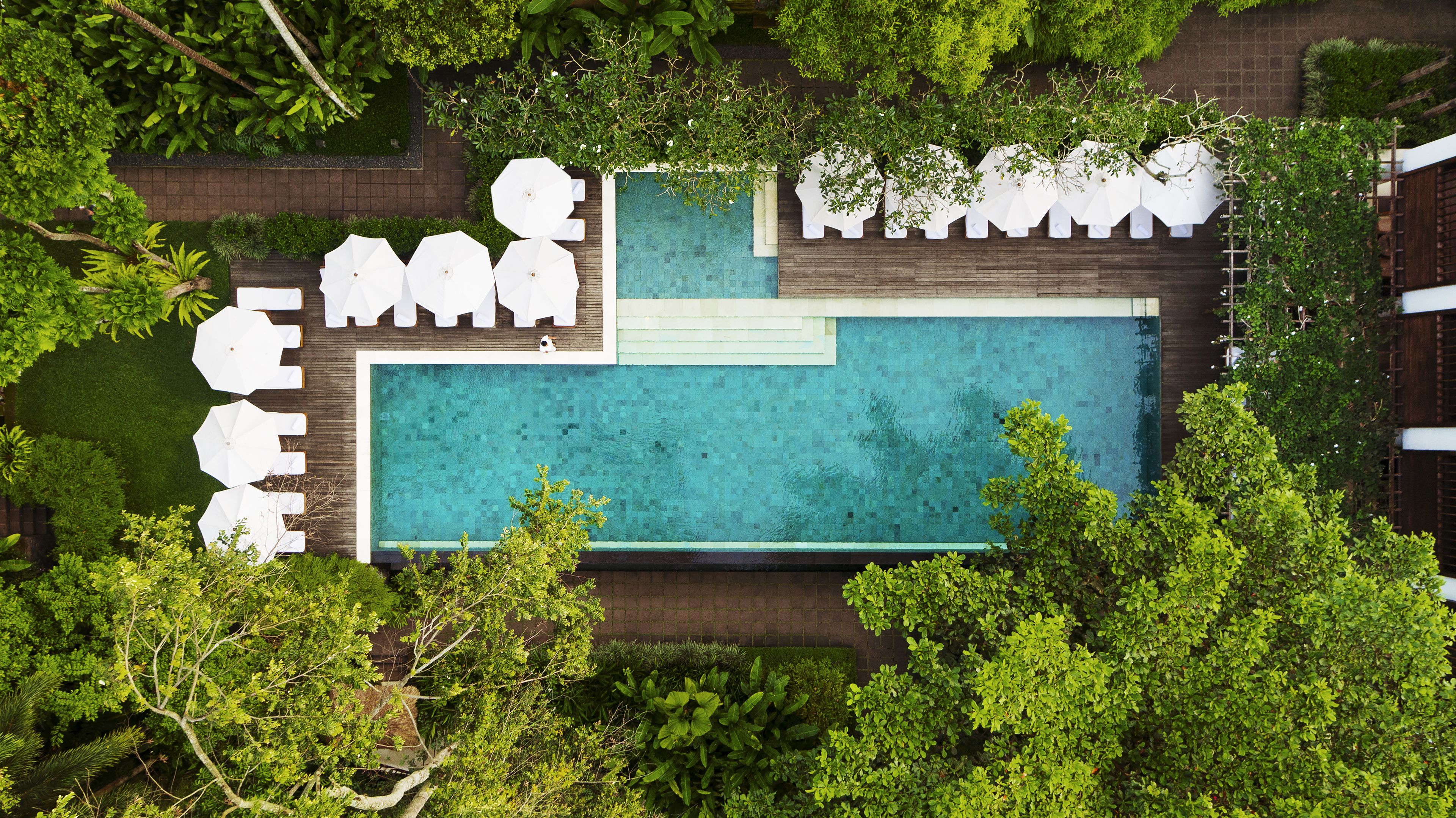 Vista aérea de una piscina con zonas de descanso alrededor, rodeada de exuberante vegetación.