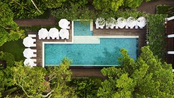 Vista aérea de una piscina con zonas de descanso alrededor, rodeada de exuberante vegetación.