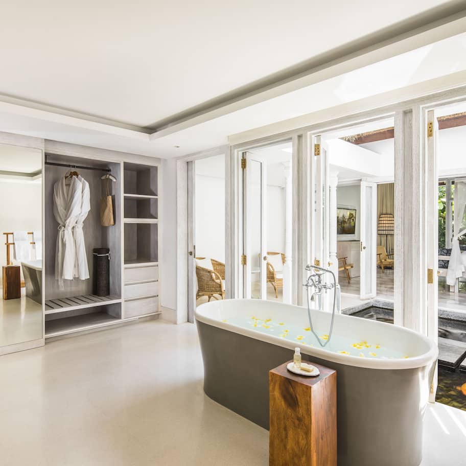 Separate tub and shower, deep soaking tub, designer toiletries