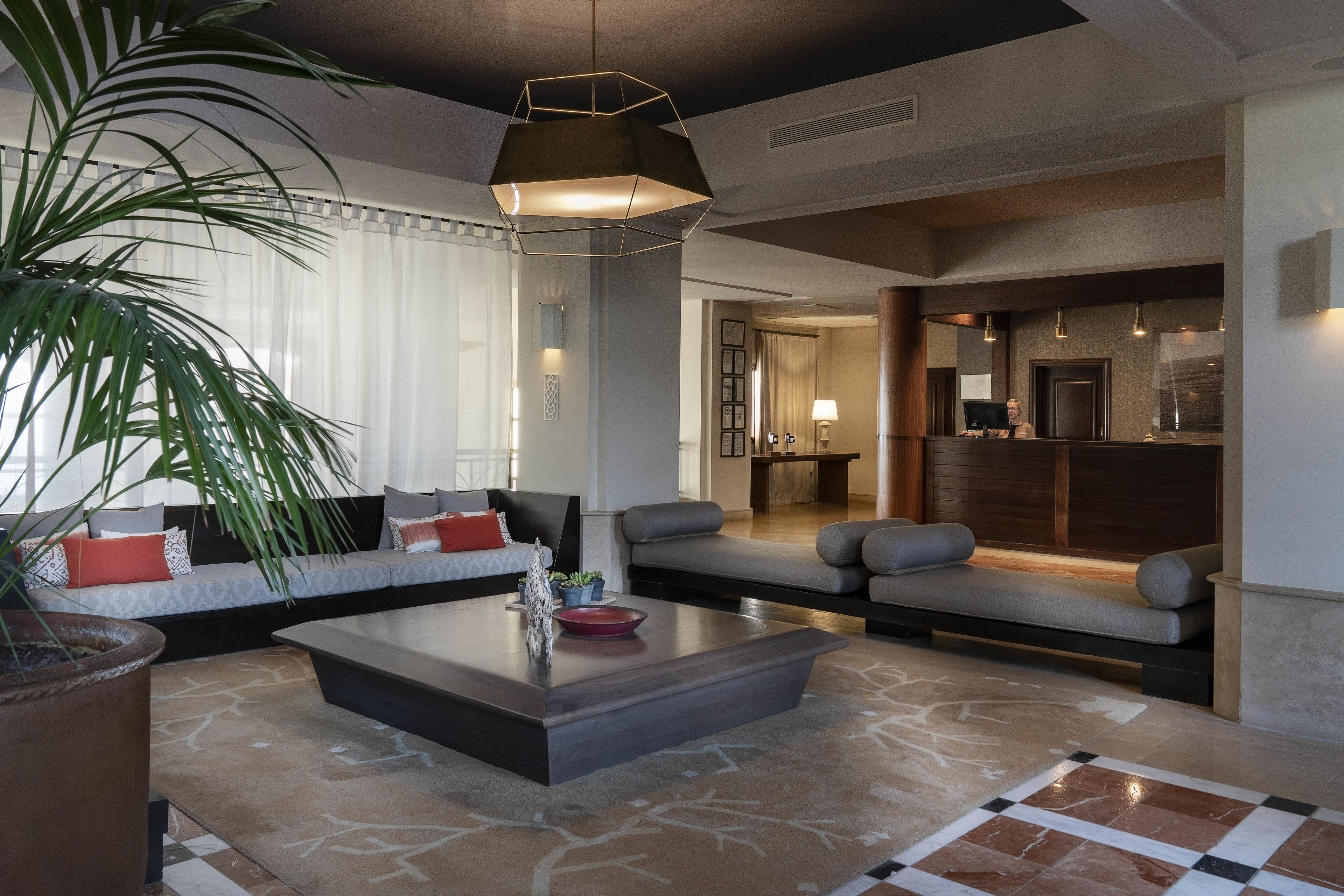 A modern living room with a large sofa, a coffee table, and a potted plant.