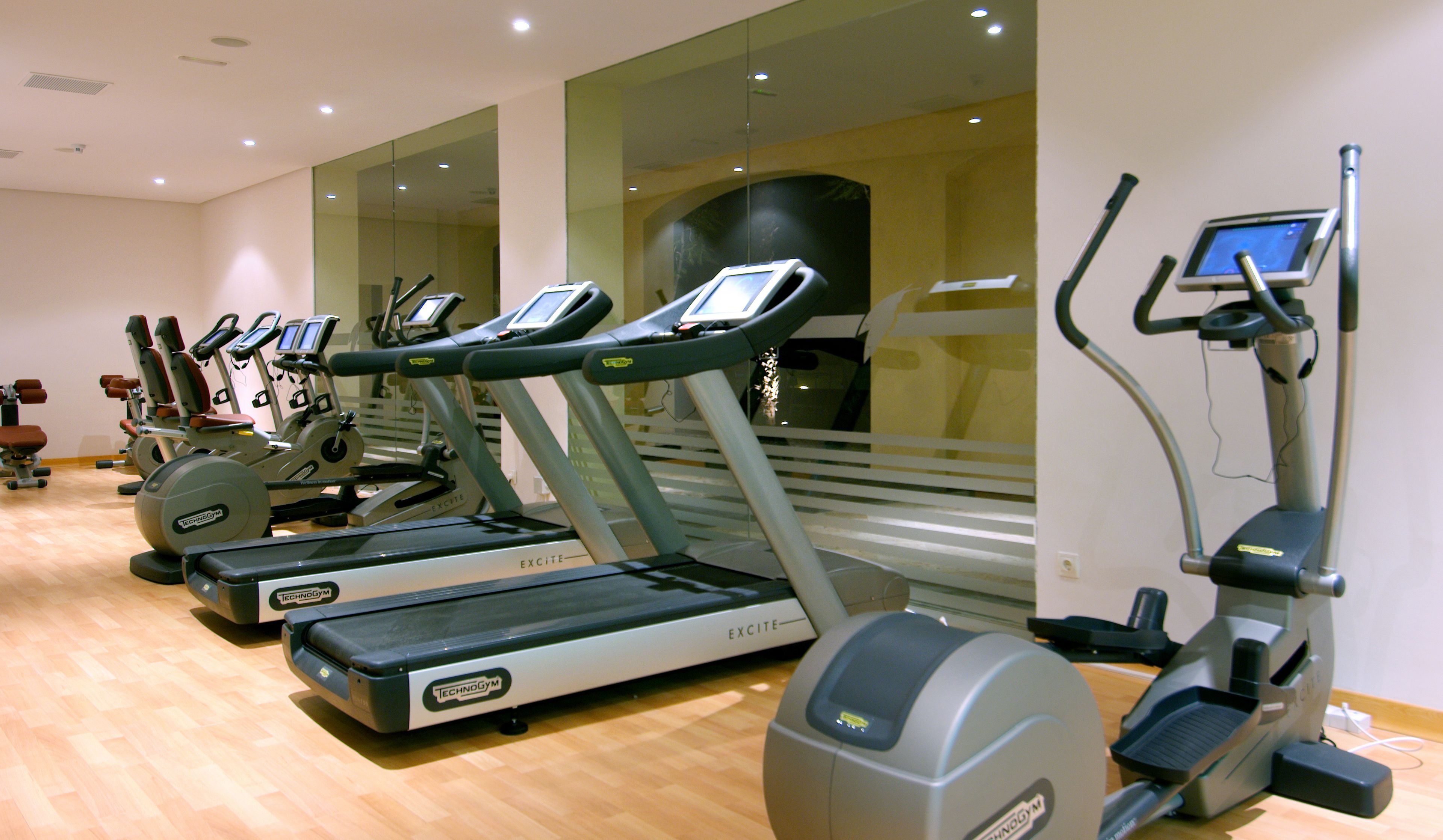 A row of cardio machines in a gym with a wooden floor and large windows.