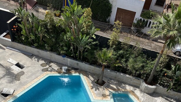 A rectangular swimming pool with a tiled deck surrounding it, set in a landscaped area with various plants and a small palm tree. - Hotel Azur (Casablanca)