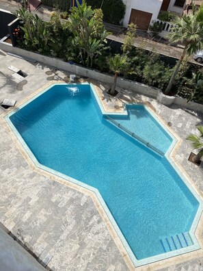 Una piscina rectangular con una terraza empavedada alrededor, ubicada en un área ajardinada con diversas plantas y una pequeña palmera.