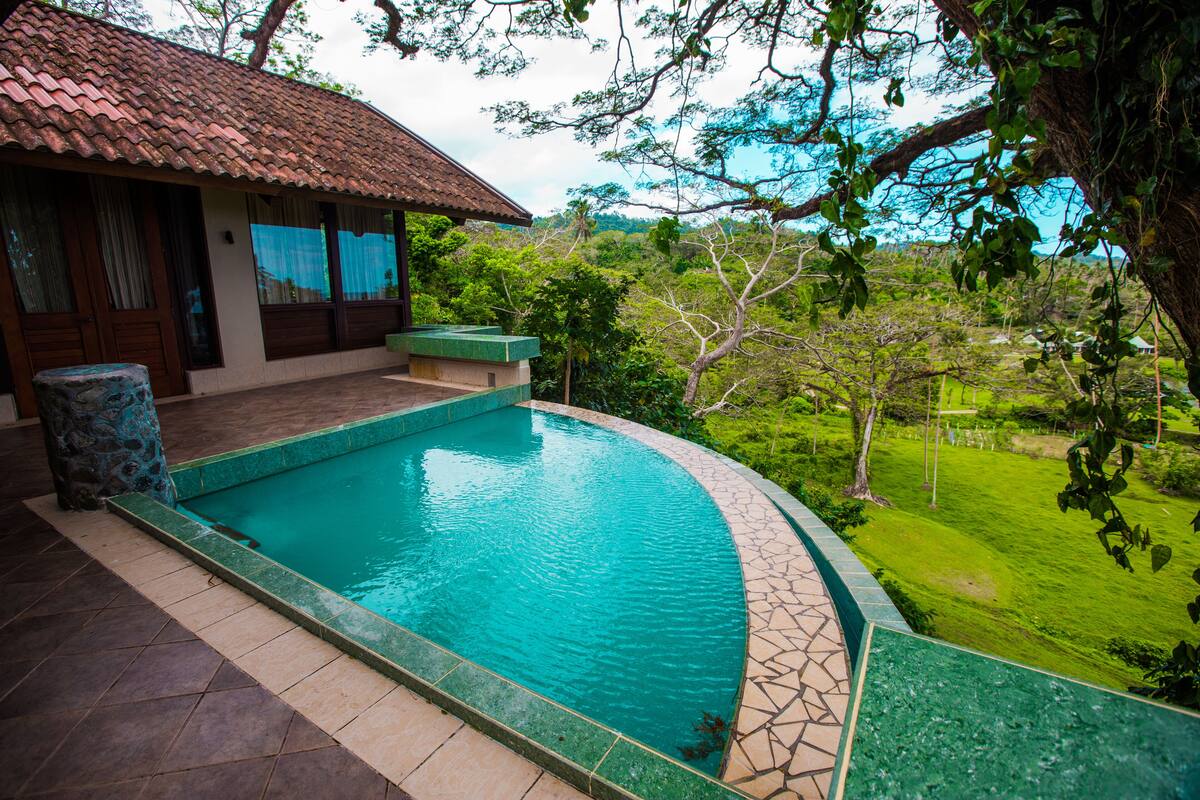 A swimming pool with a curved edge, a tiled deck, and a house with a red-tiled roof.