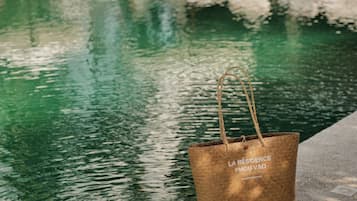 Outdoor pool, pool umbrellas, pool loungers