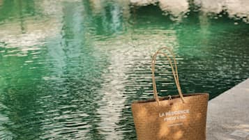 Outdoor pool, pool umbrellas, pool loungers