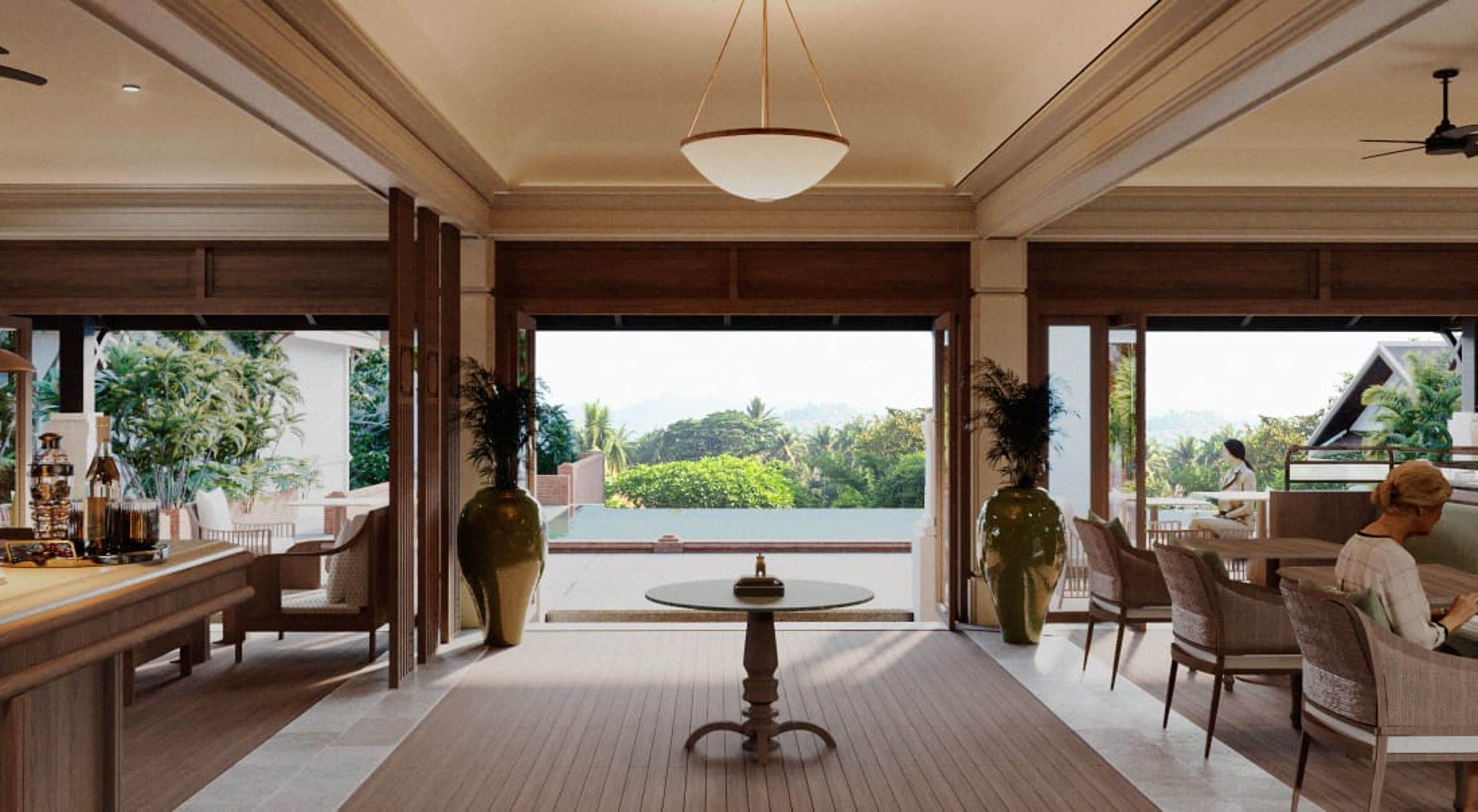 Cocina internacional, con vista a la piscina 