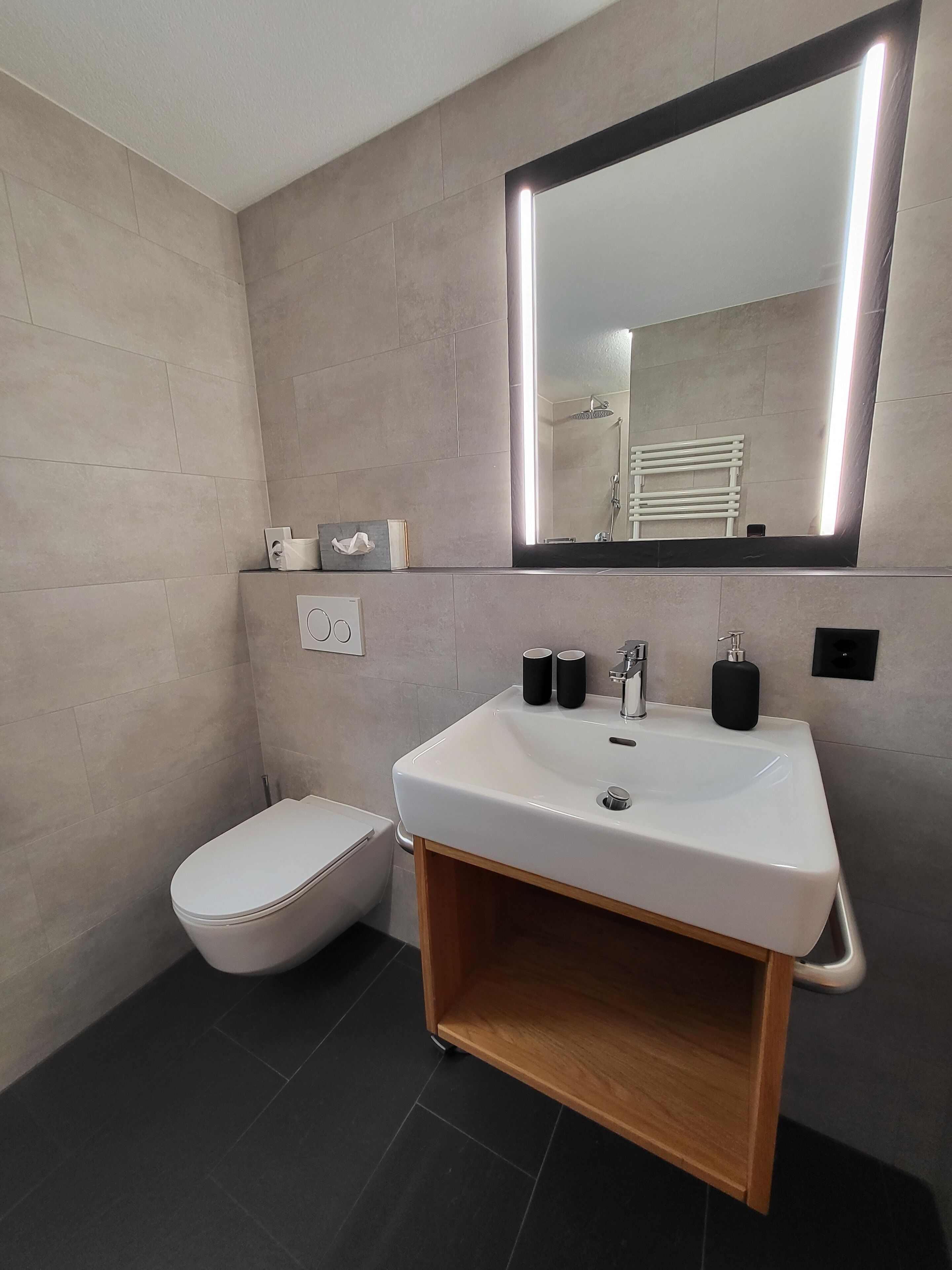 hair dryer, bathrobes, towels