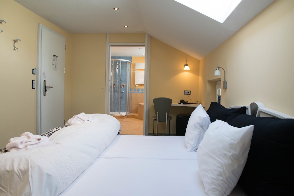 A hotel room with a bed, a desk, and a shower area.
