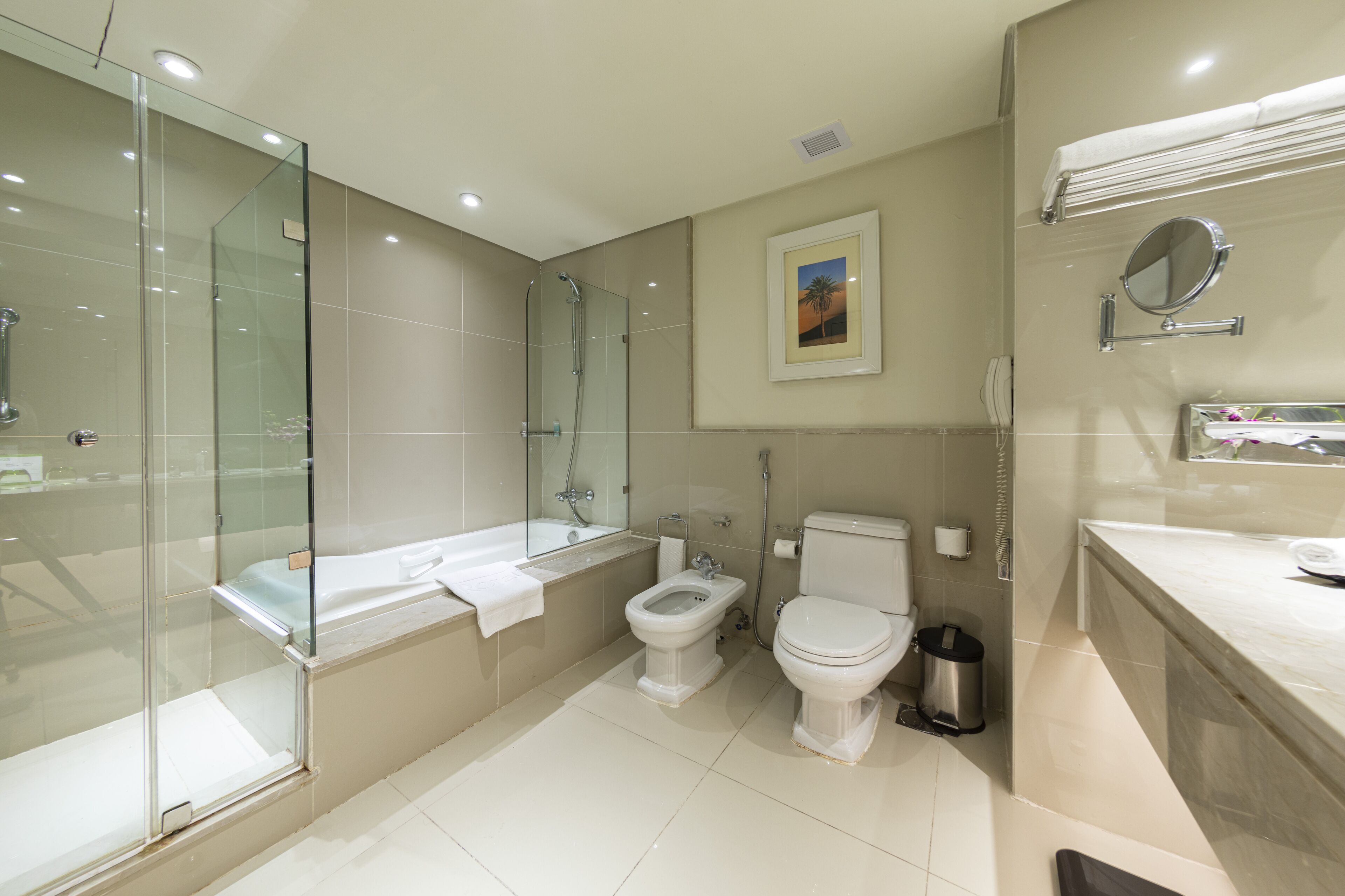 A modern bathroom with a glass-enclosed shower, a bathtub, a toilet, and a sink.