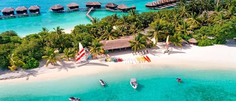 Private beach, white sand, sun-loungers, beach umbrellas