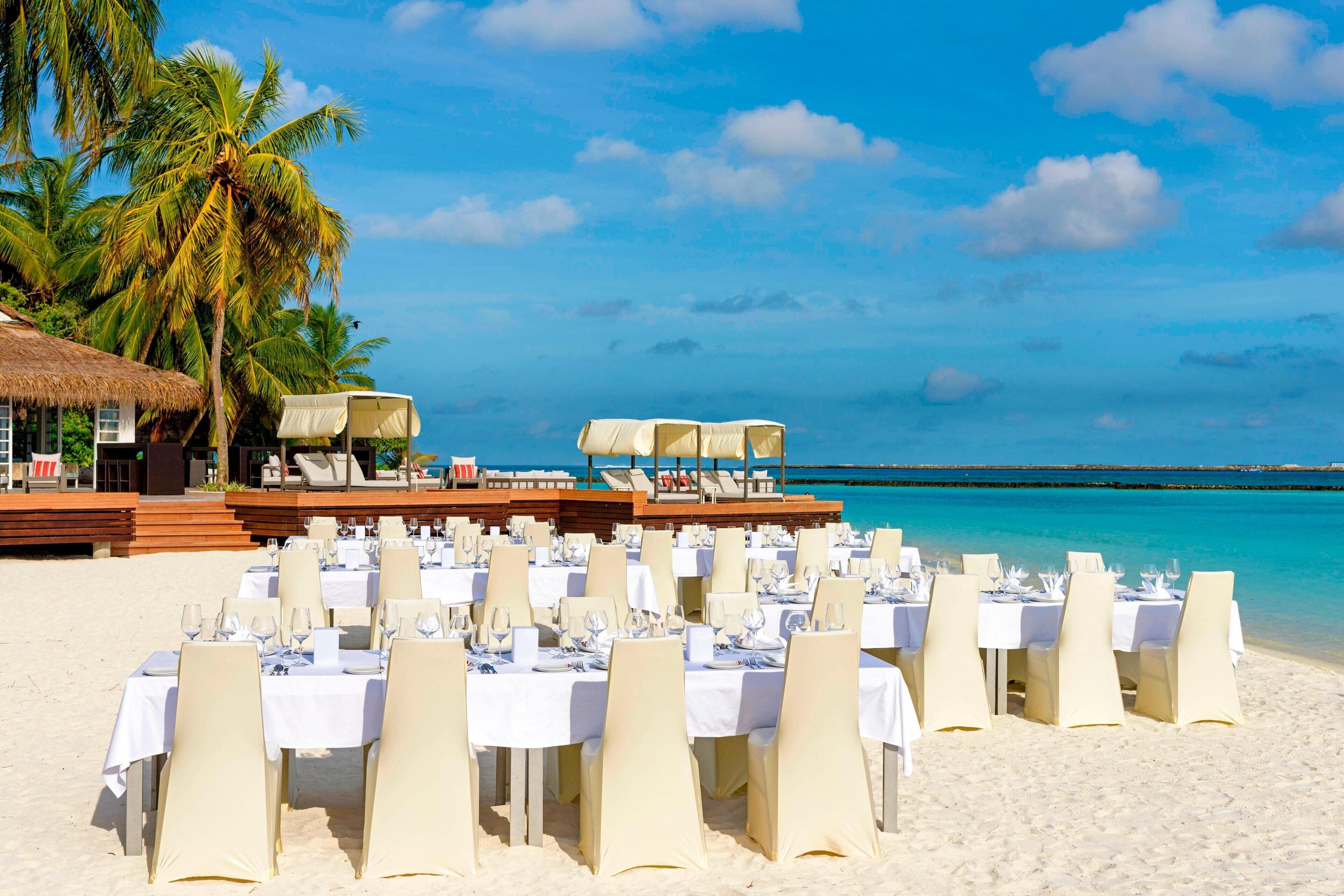 A beachside dining area with tables set for a meal, palm trees, and a clear view of the ocean.