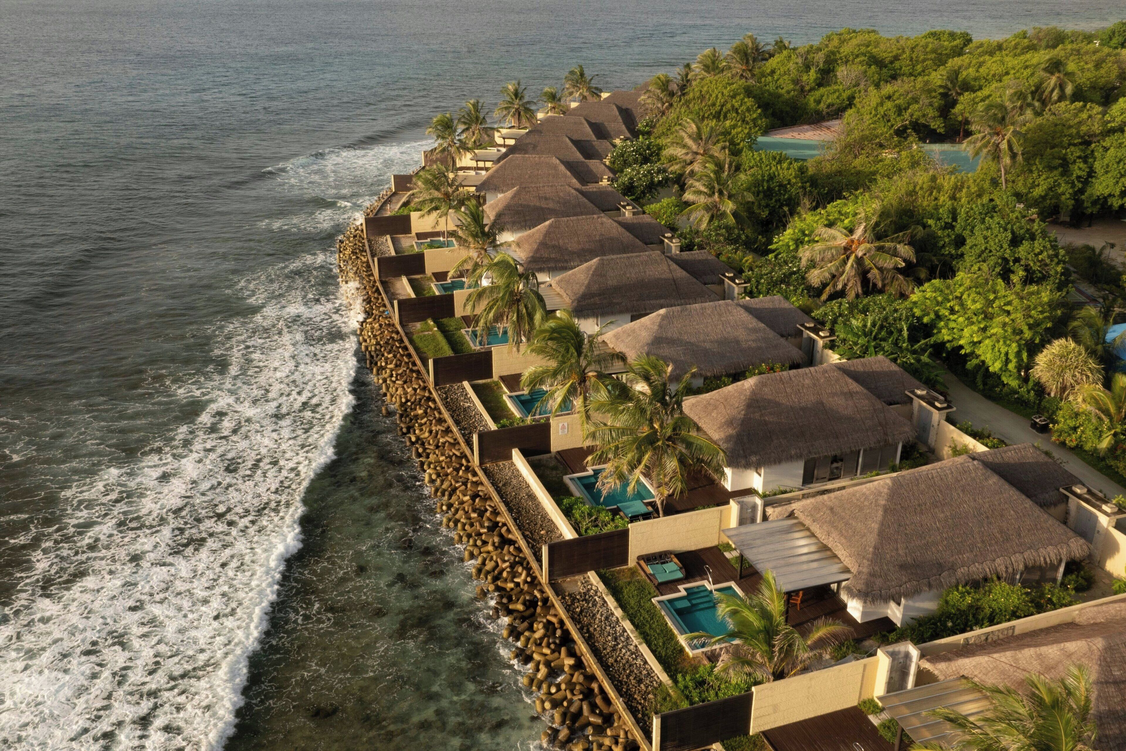 A resort with thatched-roof bungalows along a beachfront, each with a pool and surrounded by lush greenery.