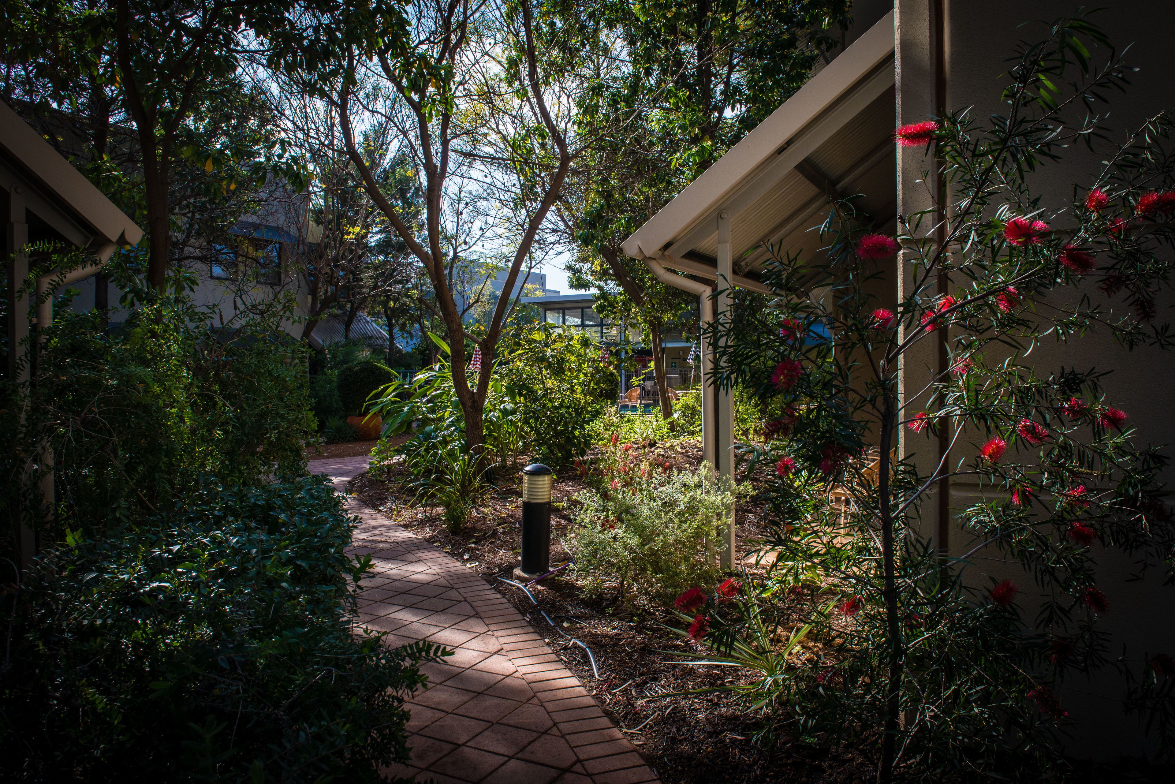 Een tuinpad dat naar een gebouw leidt met een overdekte veranda.