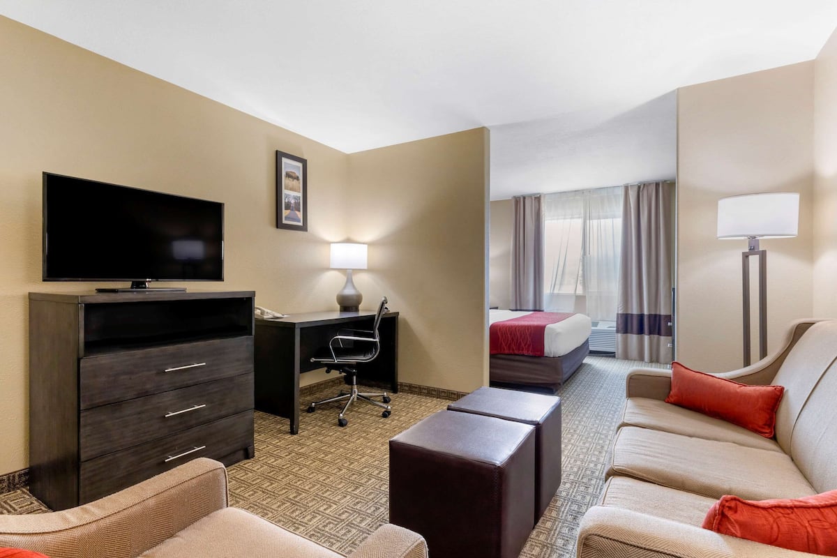 A hotel room with a flat-screen TV, a desk with a lamp, a bed with a red blanket, a sofa with a red pillow, and a small table.