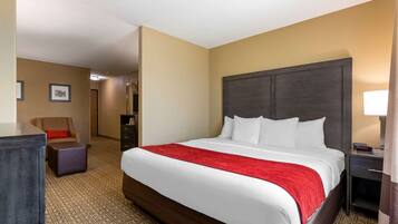A hotel room with a large bed, a nightstand, a chair, and a desk.
