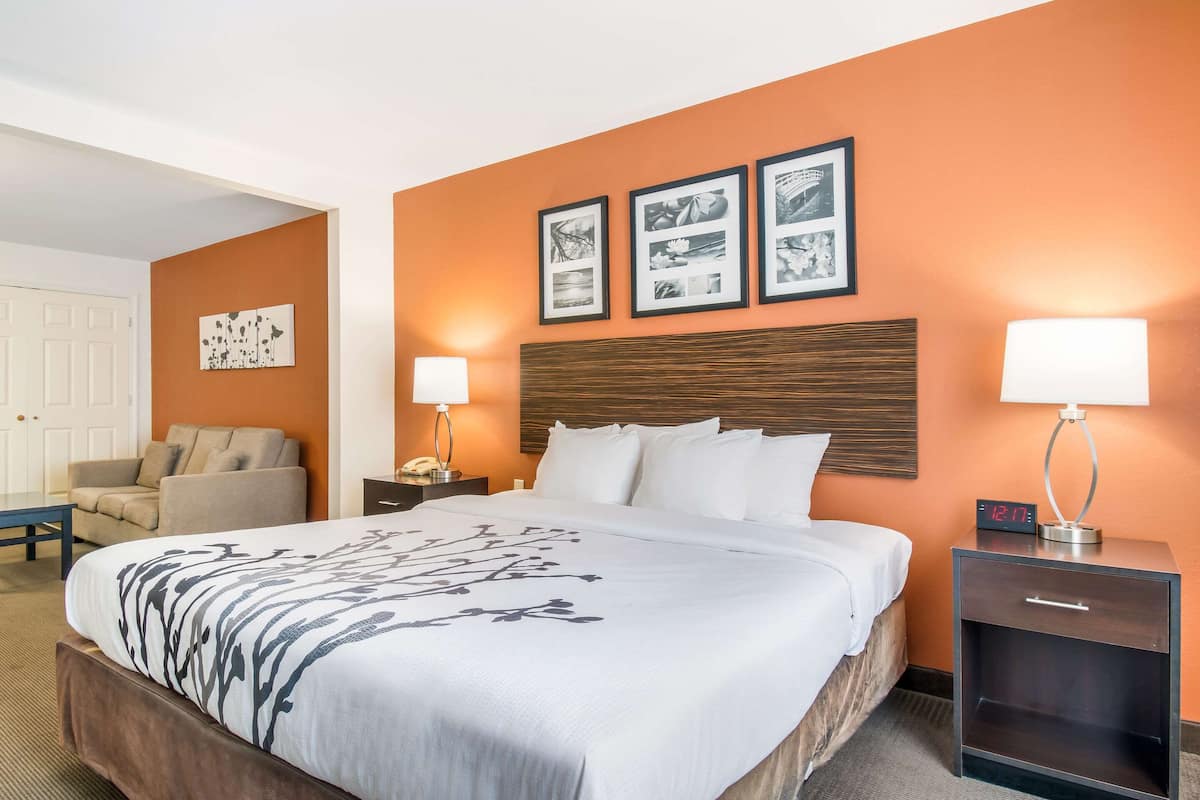 A hotel room with a large bed, a nightstand with a lamp, a chair, and framed pictures on the wall.