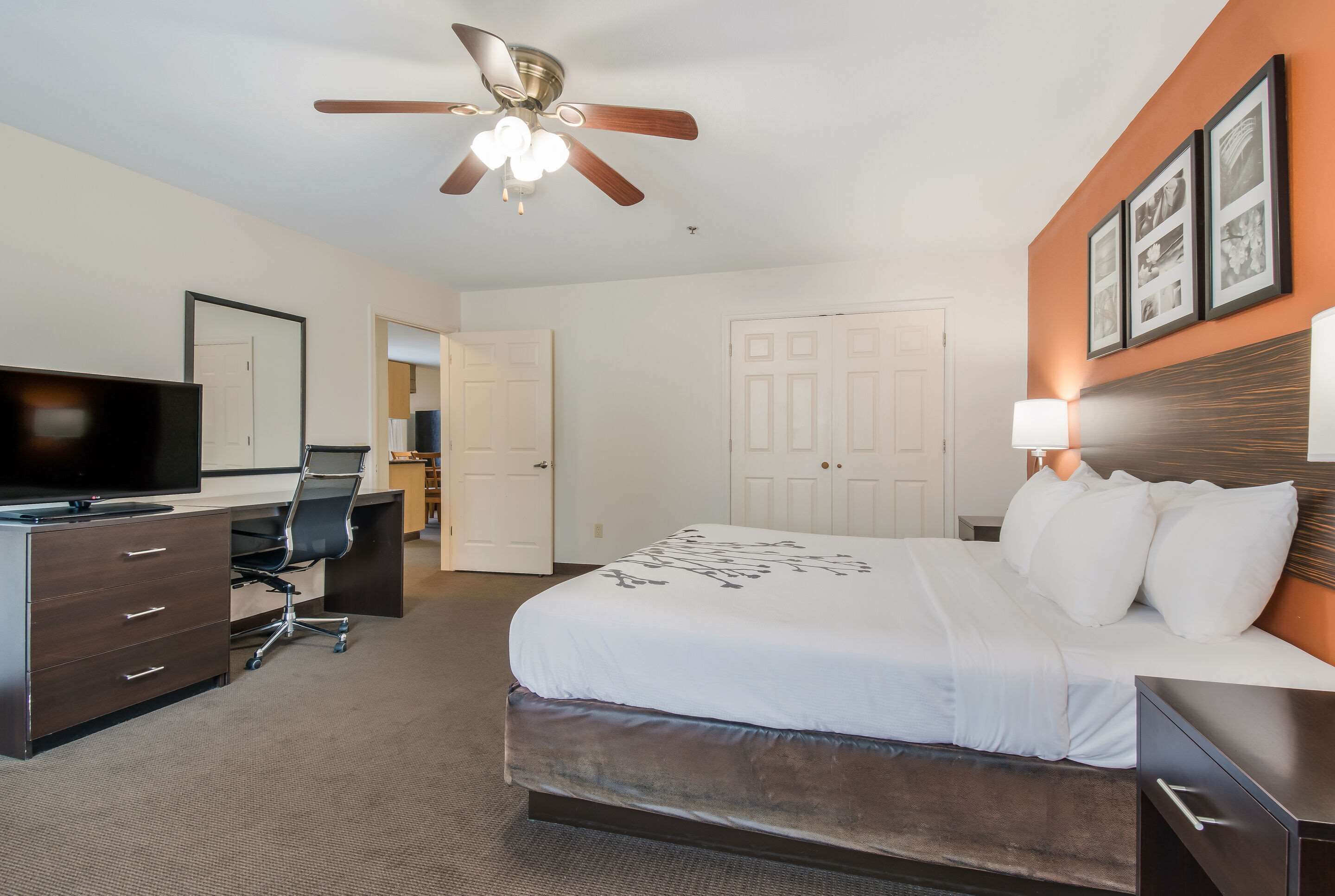 A hotel room with a bed, desk, chair, television, and ceiling fan.