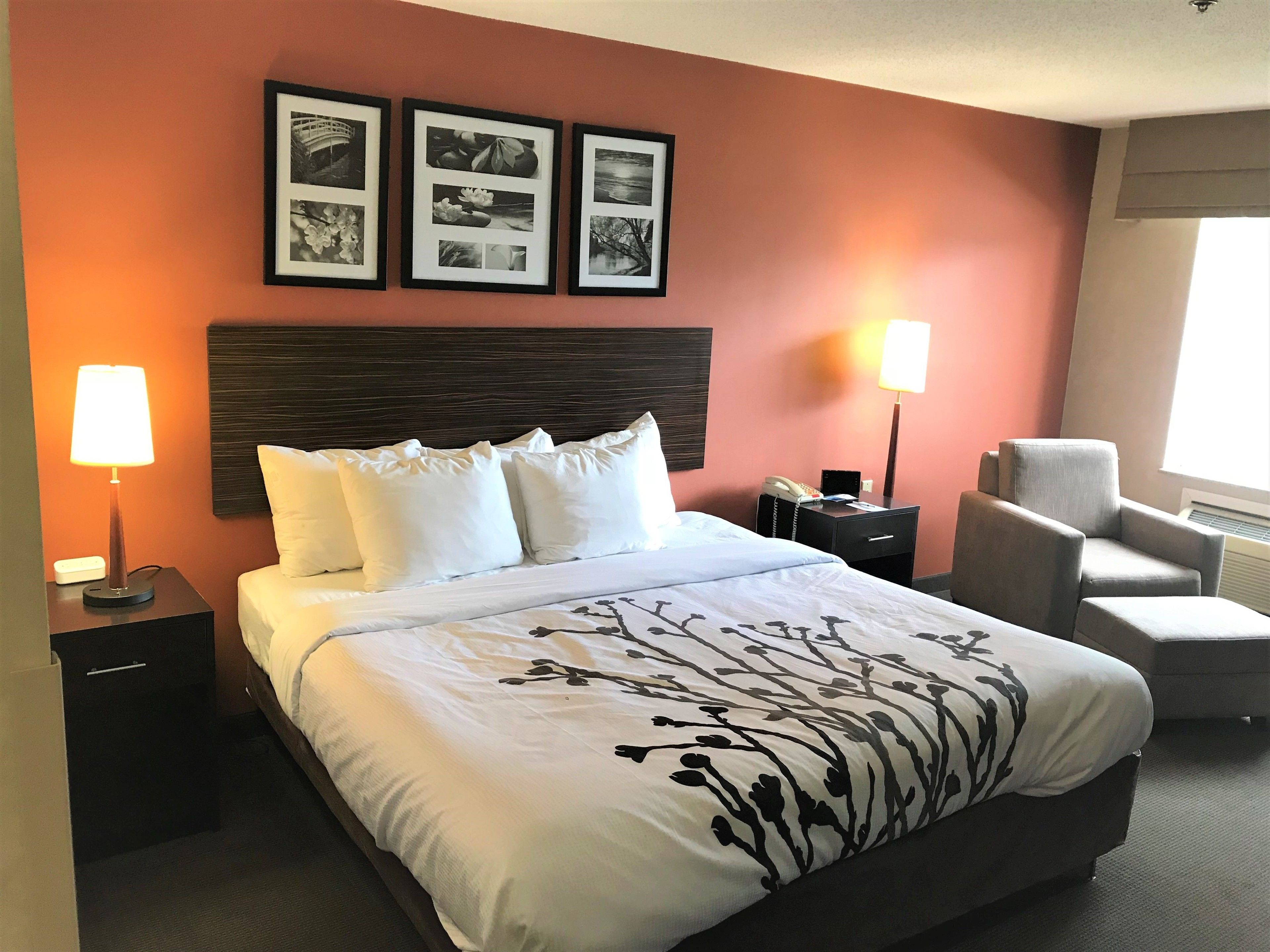 Une chambre d’hôtel avec un grand lit, deux lampes de chevet, une chaise et trois tableaux encadrés au mur.