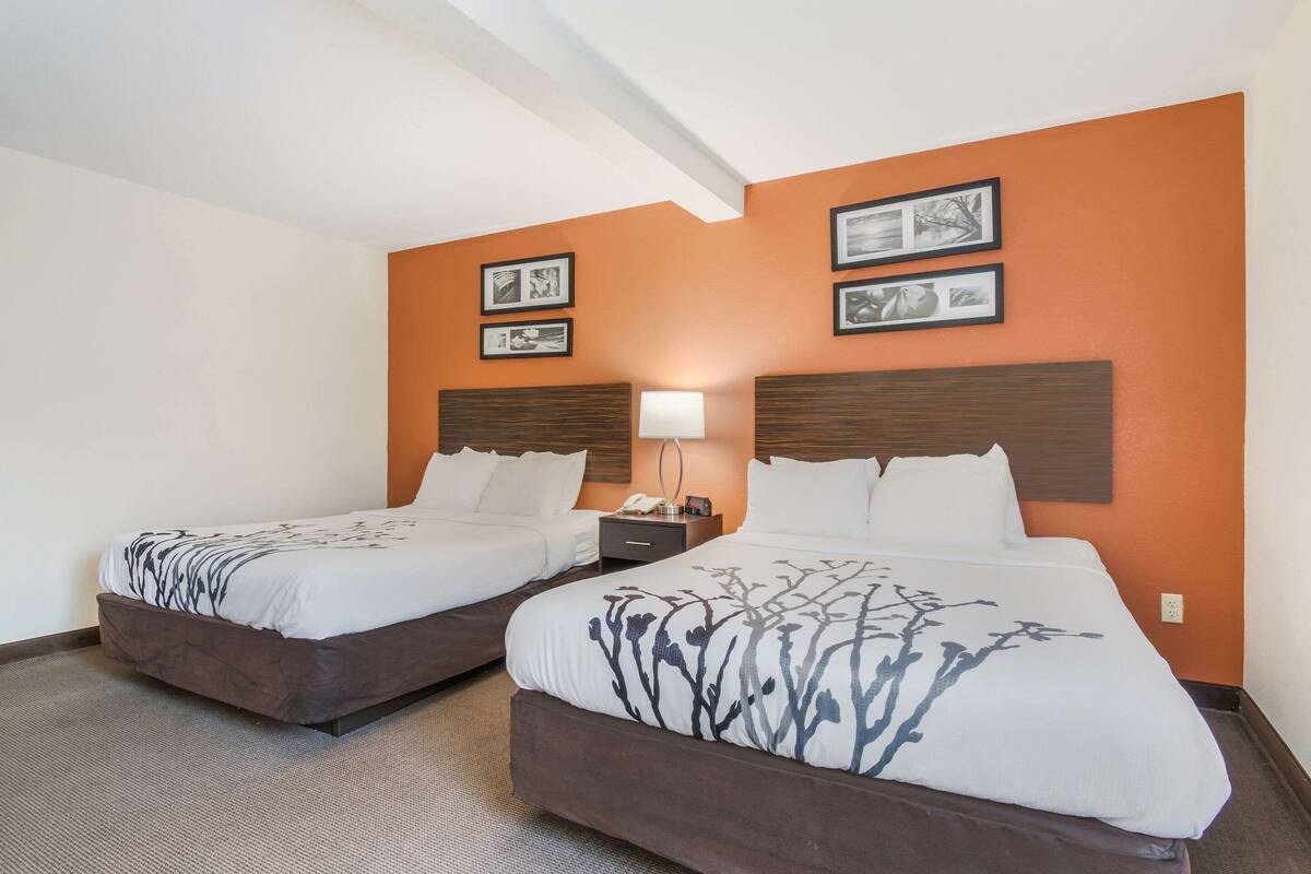 A hotel room with two beds, a nightstand with a lamp, and framed pictures on the wall.