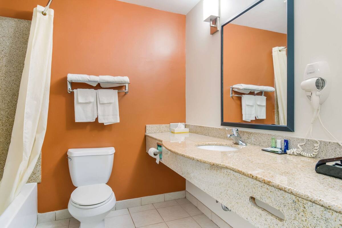 A bathroom with an orange wall, white toilet, and a sink with a mirror above it.