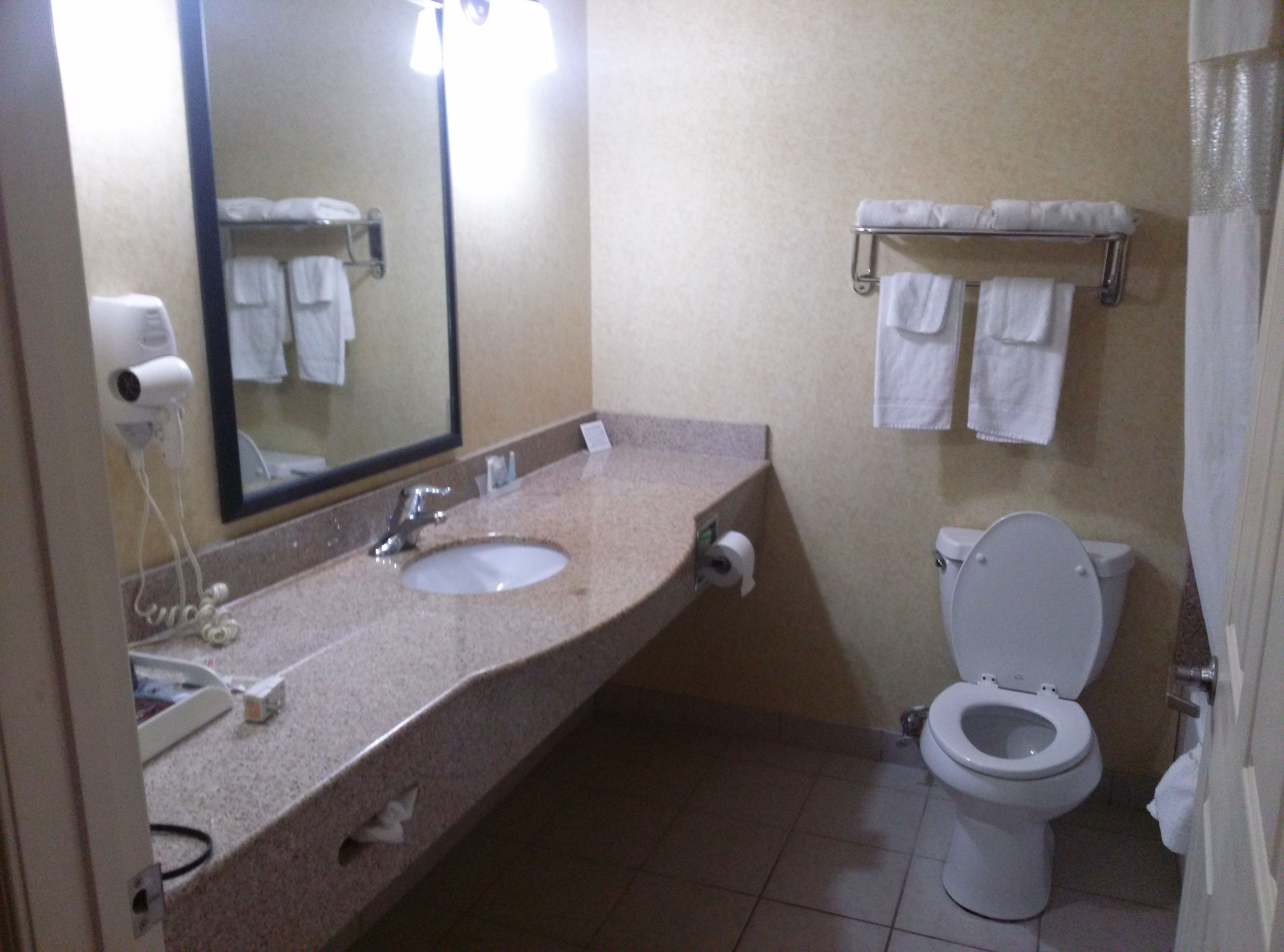 A bathroom with a sink, mirror, towel rack, and toilet.