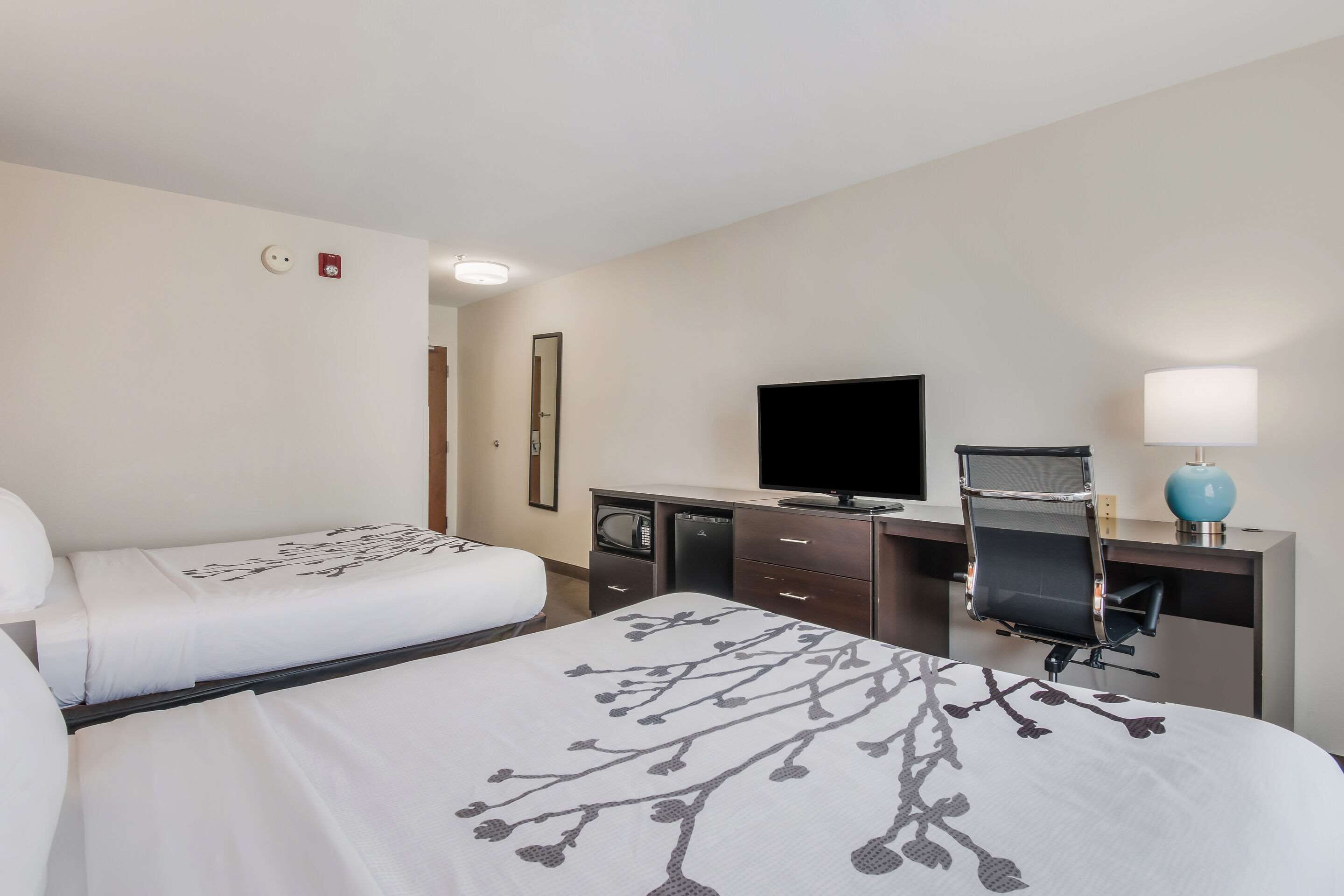 Een hotelkamer met twee bedden, een bureau met een televisie, een lamp en een magnetron.