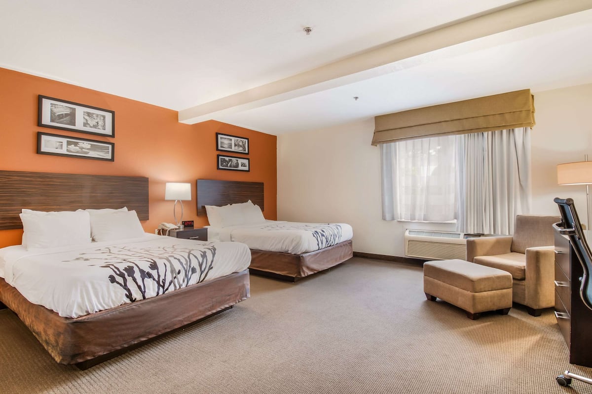 A hotel room with two beds, a desk, a chair, and a dresser.